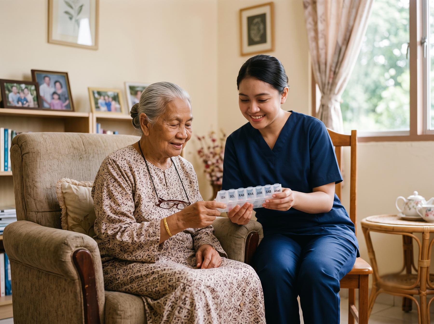Blue Swan nurse reviewing a weekly pill organiser with an elderly parent during a home geriatric assessment in Kota Kinabalu