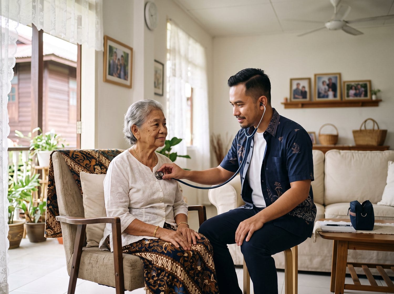 Doctor assessing an elderly patient at home with a stethoscope during a home medical visit
